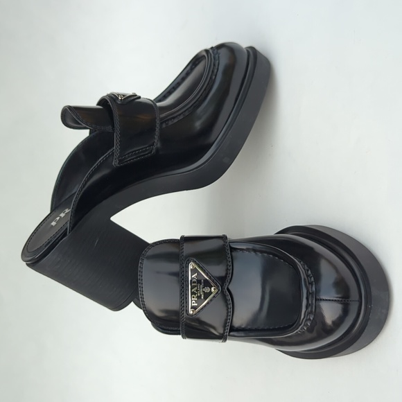 Prada Women's Black 85 Triangle Logo Mules In Brushed Leather - Picture 6 of 11